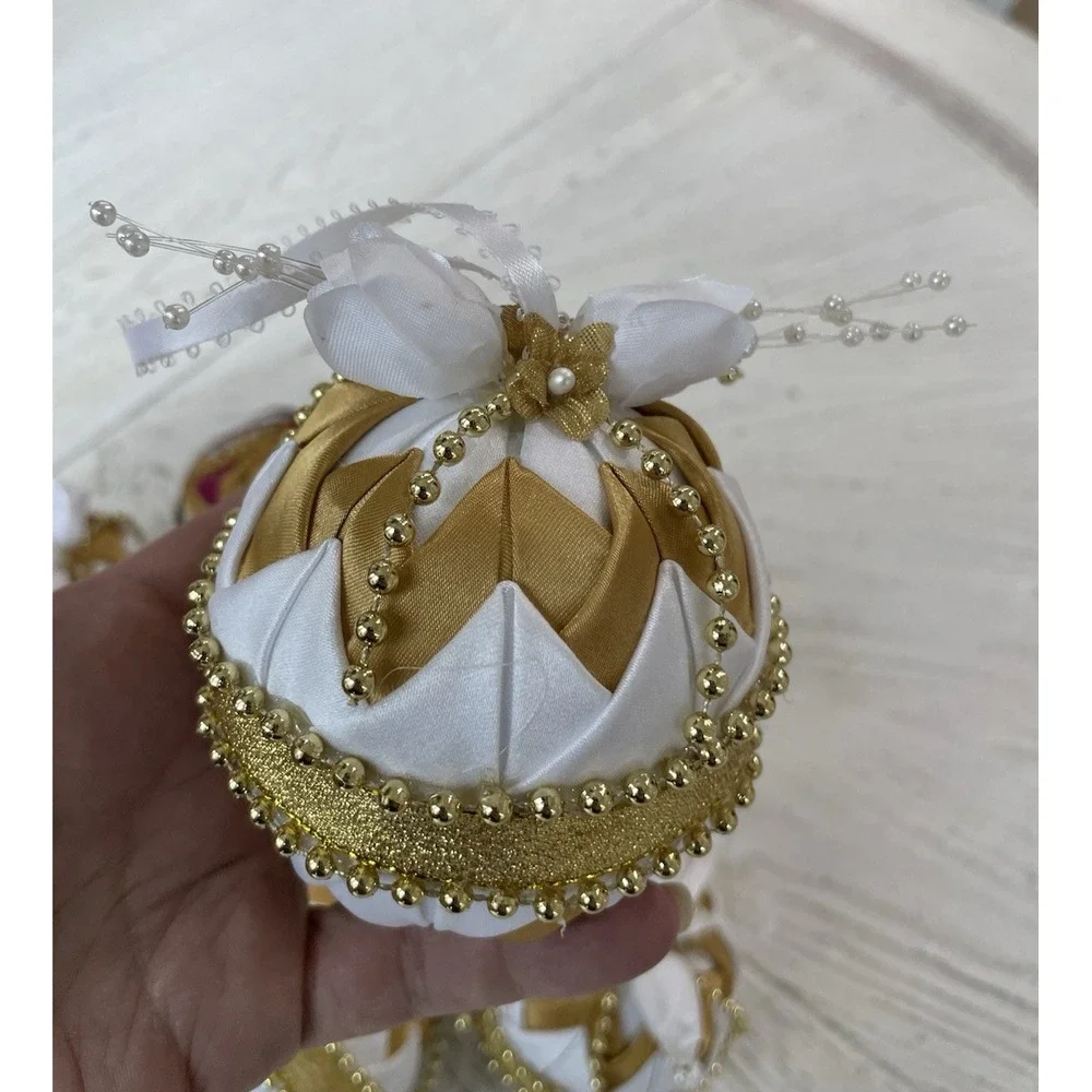 Vtg Handmade Folded Star Quilted Fabric Christmas Ornaments Gold White Lot of 10